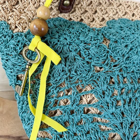 NWT‎ FOSSIL Hathaway Straw Tote Dark Teal and Tan Market Bag - Picture 6 of 6